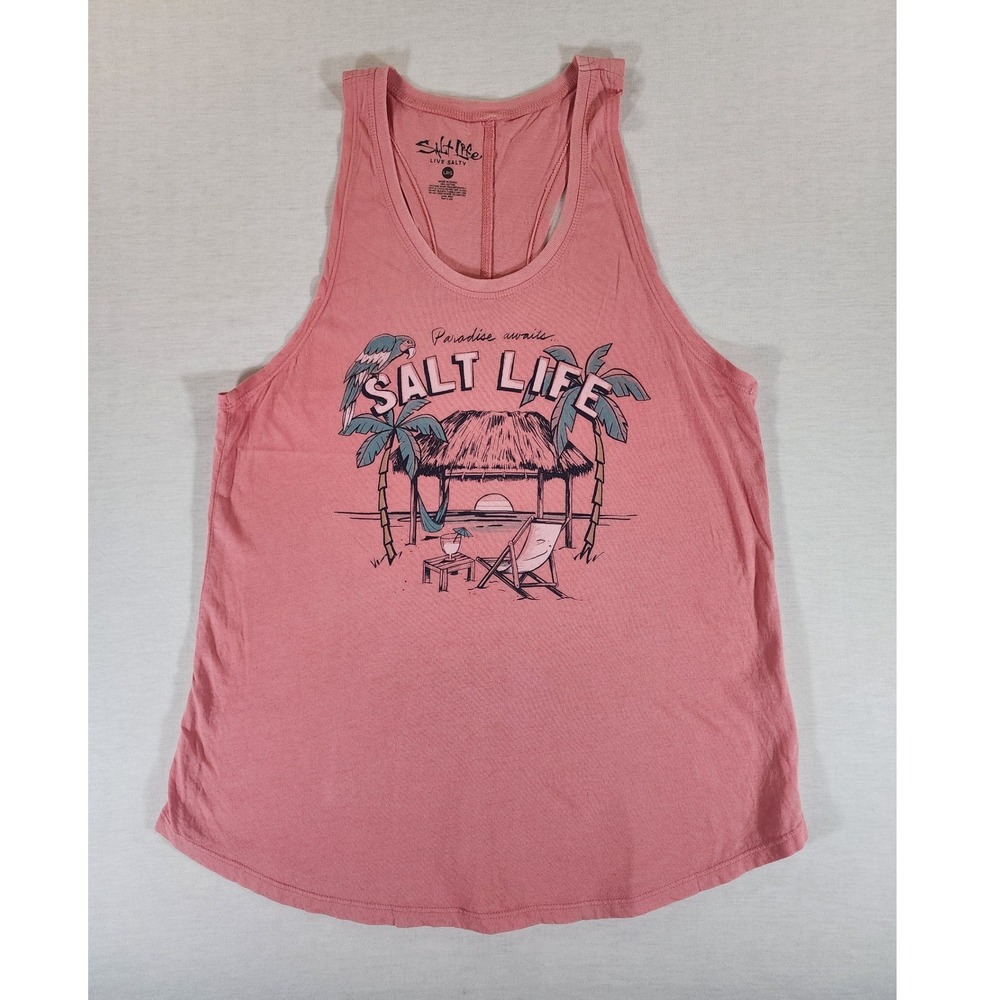 Salt Life Racer back Tank Womens L Paradise Awaits Pink Cotton Graphic SLJ10480